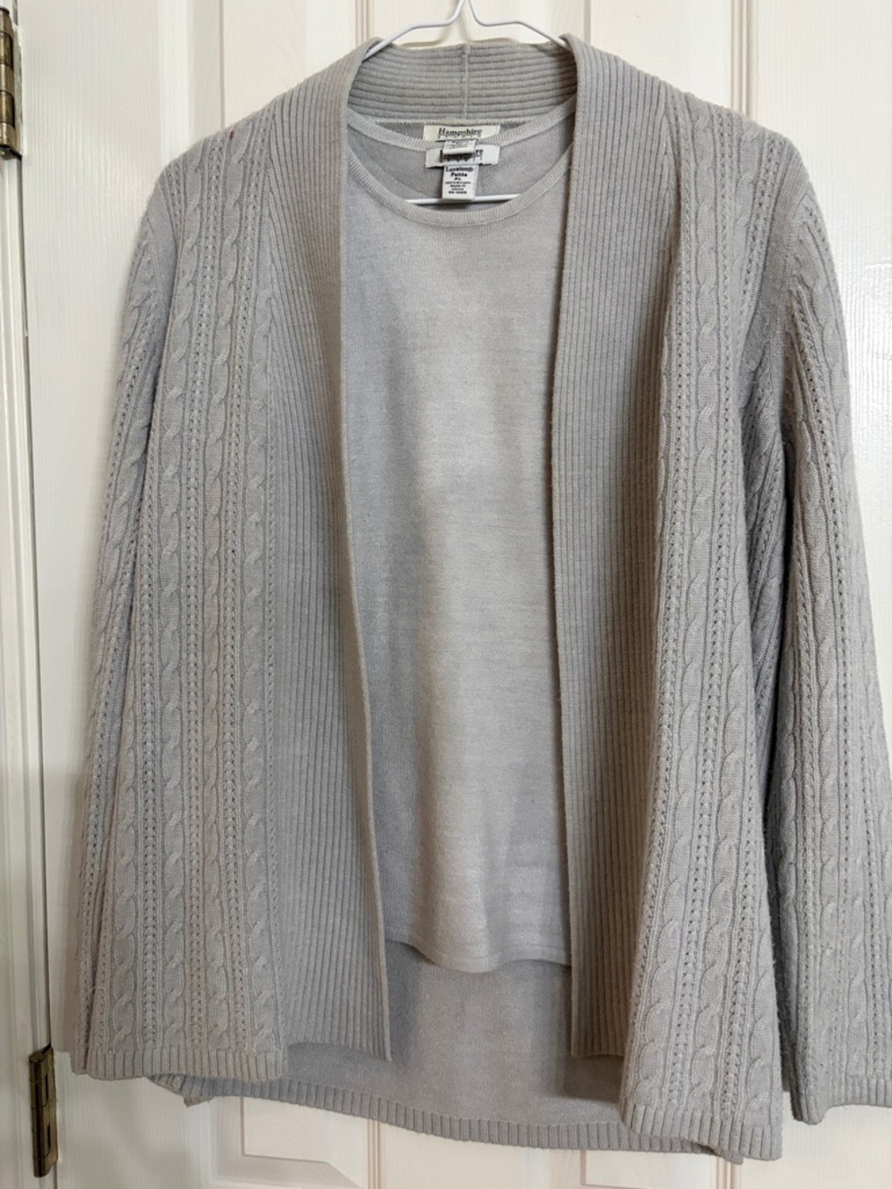 Cable Knit Cardigan with Crew Neck Shell in light gray (2 piece)